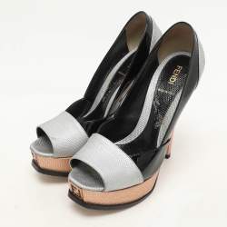 Fendi Black Lizard Embossed Leather and Patent Leather Fendista Platform Pumps Size 37.5