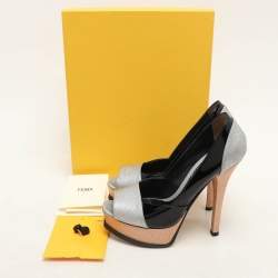 Fendi Black Lizard Embossed Leather and Patent Leather Fendista Platform Pumps Size 37.5