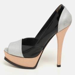 Fendi Black Lizard Embossed Leather and Patent Leather Fendista Platform Pumps Size 37.5