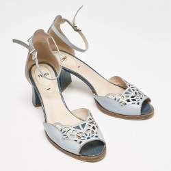Fendi Two Tone Blue Leather Cut Out Ankle Strap Sandals Size 41