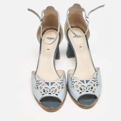 Fendi Two Tone Blue Leather Cut Out Ankle Strap Sandals Size 41