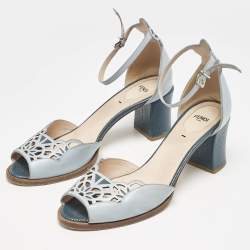 Fendi Two Tone Blue Leather Cut Out Ankle Strap Sandals Size 41