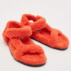 Pre Owned Fendi Red Shearling Fur Ankle Strap Flat Sandals Size 37.5