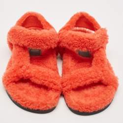 Pre Owned Fendi Red Shearling Fur Ankle Strap Flat Sandals Size 37.5