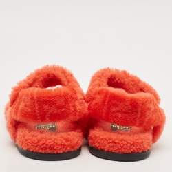Pre Owned Fendi Red Shearling Fur Ankle Strap Flat Sandals Size 37.5