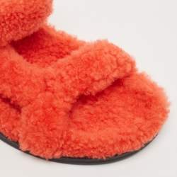 Pre Owned Fendi Red Shearling Fur Ankle Strap Flat Sandals Size 37.5