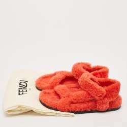 Pre Owned Fendi Red Shearling Fur Ankle Strap Flat Sandals Size 37.5