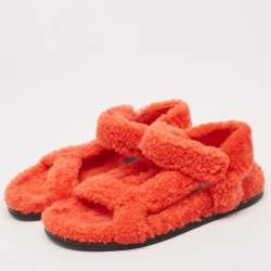 Pre Owned Fendi Red Shearling Fur Ankle Strap Flat Sandals Size 37.5