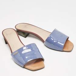 Fendi Blue Patent Leather Open Toe Slide Sandals Size 38