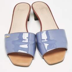 Fendi Blue Patent Leather Open Toe Slide Sandals Size 38