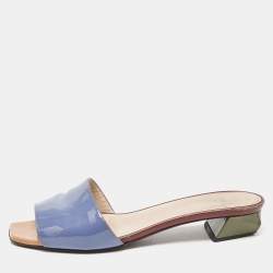Fendi Blue Patent Leather Open Toe Slide Sandals Size 38
