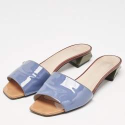 Fendi Blue Patent Leather Open Toe Slide Sandals Size 38