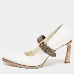 Fendi White/Brown Patent Leather Mary Jane Oversized Sole Pumps Size 37