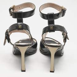 Fendi Black Karligraphy Leather FFrame Ankle Strap Sandals Size 39