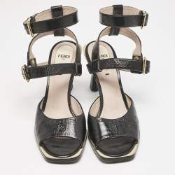 Fendi Black Karligraphy Leather FFrame Ankle Strap Sandals Size 39