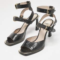 Fendi Black Karligraphy Leather FFrame Ankle Strap Sandals Size 39