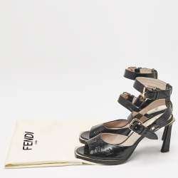 Fendi Black Karligraphy Leather FFrame Ankle Strap Sandals Size 39