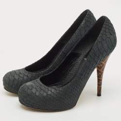 Fendi Dark Grey Python Embossed Leather Superstar Platform Pumps Size 38