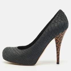 Fendi Dark Grey Python Embossed Leather Superstar Platform Pumps Size 38