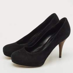 Pre Owned حذاء كعب عالي فندل جلد لامع أسود بالشعار نعل سميك مقاس  37.5