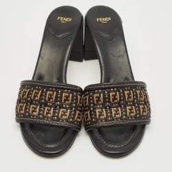 Pre Owned Fendi Brown/Black Leather and Raffia FF Slide Sandals Size 40.5