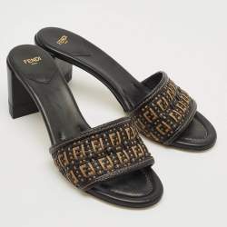 Pre Owned Fendi Brown/Black Leather and Raffia FF Slide Sandals Size 40.5
