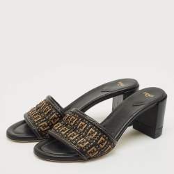 Pre Owned Fendi Brown/Black Leather and Raffia FF Slide Sandals Size 40.5