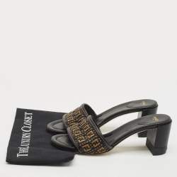 Pre Owned Fendi Brown/Black Leather and Raffia FF Slide Sandals Size 40.5