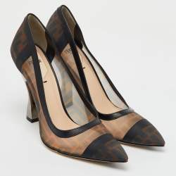 Fendi Brown/Black Zucca Mesh and Leather Pointed Toe Colibri Pumps Size 39