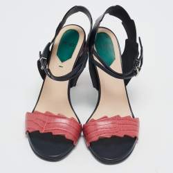 Fendi Black/Pink Croc Embossed and Leather Ankle Strap Sandals Size 36.5