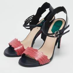 Fendi Black/Pink Croc Embossed and Leather Ankle Strap Sandals Size 36.5