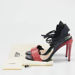 Fendi Black/Pink Croc Embossed and Leather Ankle Strap Sandals Size 36.5