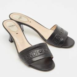 Fendi Black Leather Logo Slide Sandals Size 38