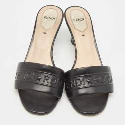 Fendi Black Leather Logo Slide Sandals Size 38