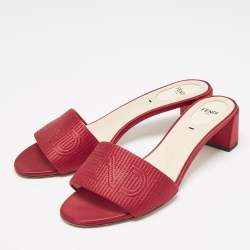 Fendi Red Satin Logo Embroidered Block Heel Slide Sandals Size 40