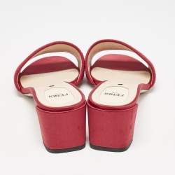 Fendi Red Satin Logo Embroidered Block Heel Slide Sandals Size 40