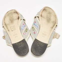 Fendi Blue Embroidered Fabric Crisscross Bow Flat Slides Size 37.5 