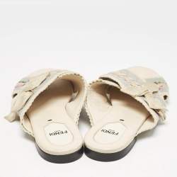 Fendi Blue Embroidered Fabric Crisscross Bow Flat Slides Size 37.5 