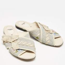 Fendi Blue Embroidered Fabric Crisscross Bow Flat Slides Size 37.5 