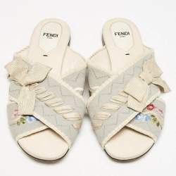 Fendi Blue Embroidered Fabric Crisscross Bow Flat Slides Size 37.5 