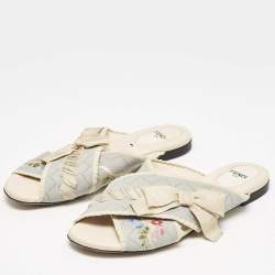 Fendi Blue Embroidered Fabric Crisscross Bow Flat Slides Size 37.5 