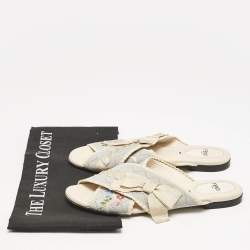 Fendi Blue Embroidered Fabric Crisscross Bow Flat Slides Size 37.5 
