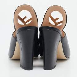 Fendi Black Leather F Logo Heel Mules Size 38