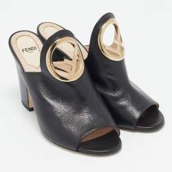Fendi Black Leather F Logo Heel Mules Size 38
