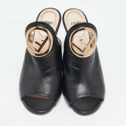 Fendi Black Leather F Logo Heel Mules Size 38