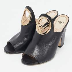 Fendi Black Leather F Logo Heel Mules Size 38