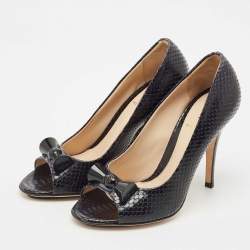Pre Owned Fendi Black Snakeskin Embossed Leather Bow Open Toe Pumps Size 36