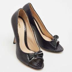 Pre Owned Fendi Black Snakeskin Embossed Leather Bow Open Toe Pumps Size 36