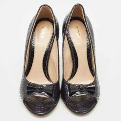 Pre Owned Fendi Black Snakeskin Embossed Leather Bow Open Toe Pumps Size 36