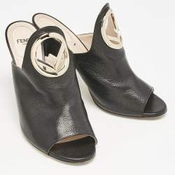 Fendi Black Leather F Logo Mules Size 39.5